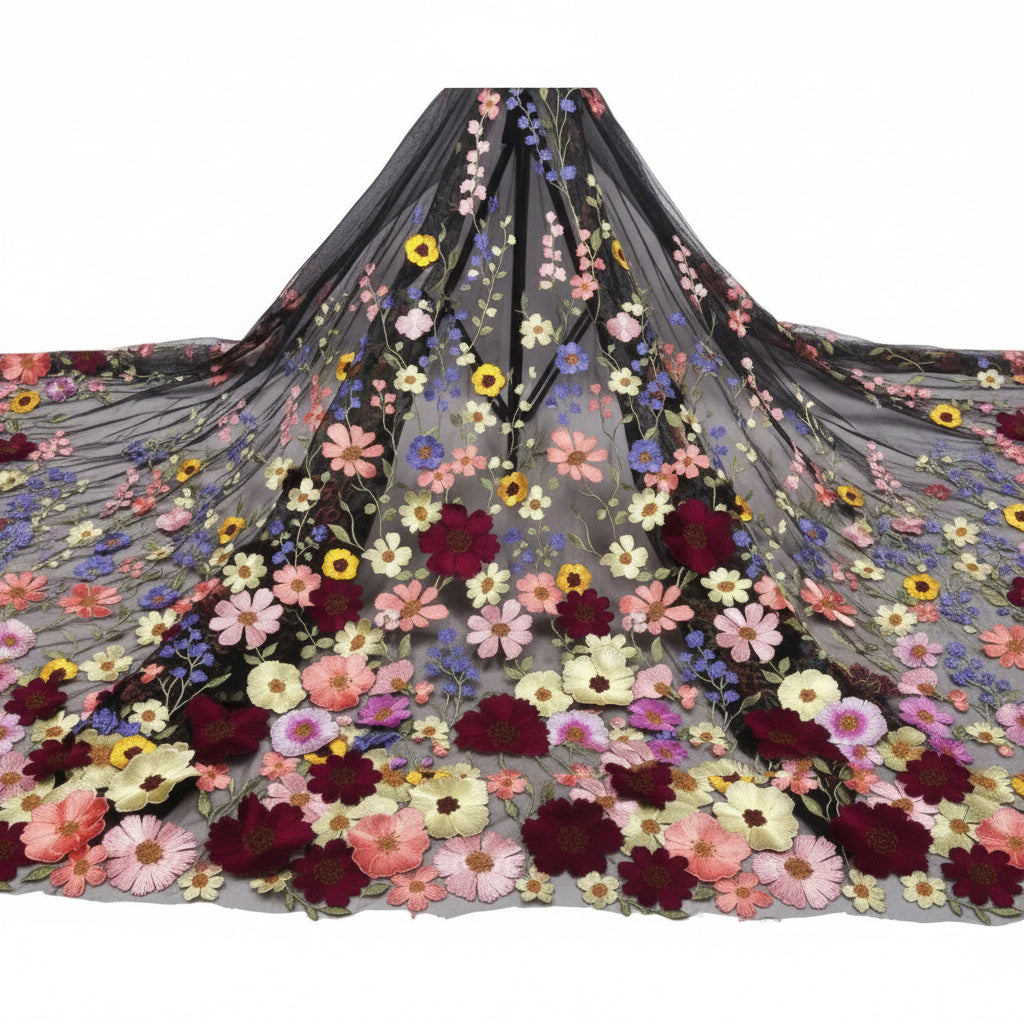 Floral embroidered fabric with colorful flowers on a dark background