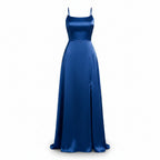 Blue evening gown with a slit on a white background
