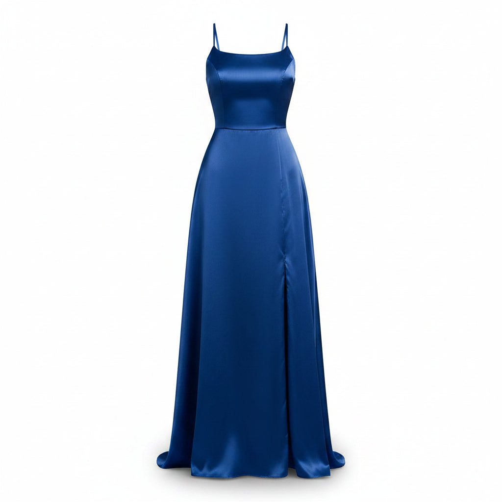 Blue evening gown with a slit on a white background