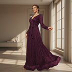 Woman wearing a navy blue evening gown in an elegant interior setting