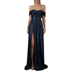 Pink sequin off-shoulder gown on a gray background