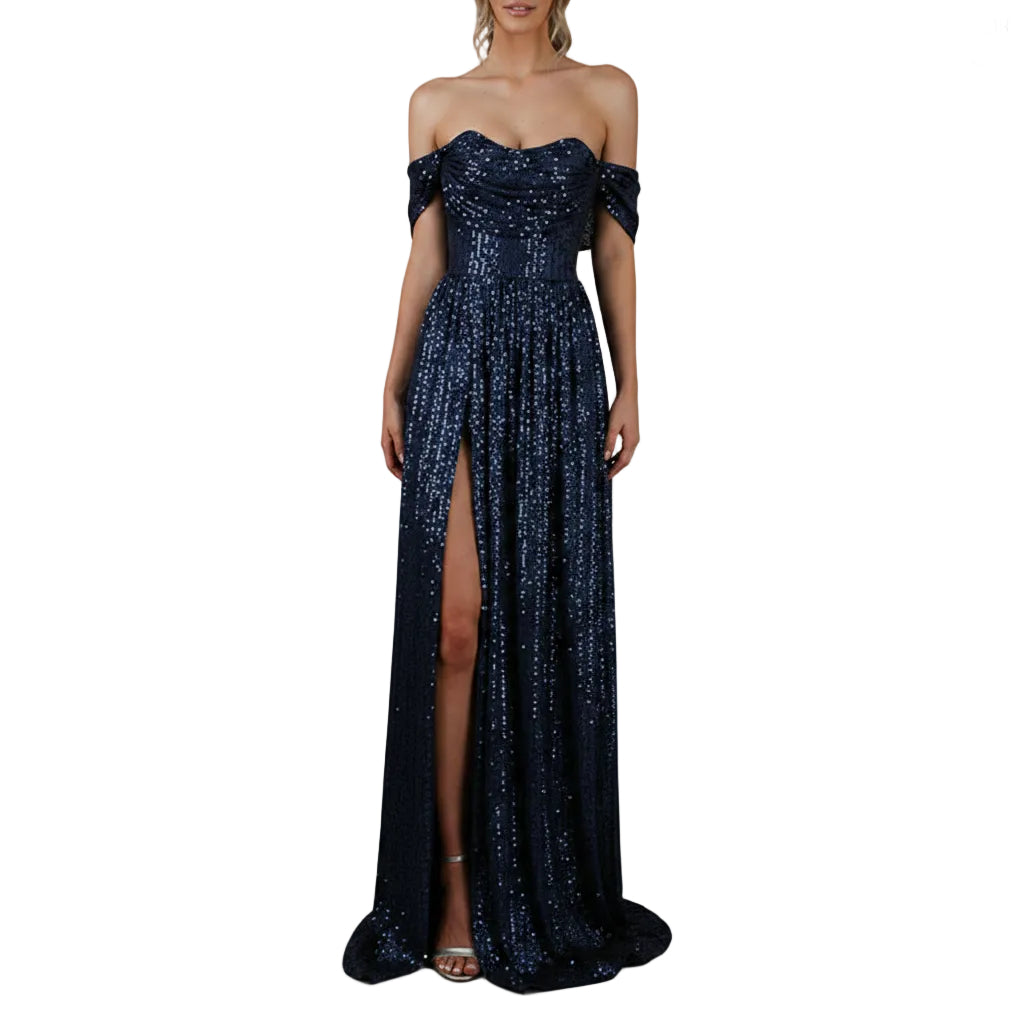 Pink sequin off-shoulder gown on a gray background