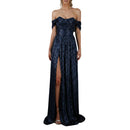 Pink sequin off-shoulder gown on a gray background