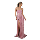 Pink strapless evening gown with a high slit on a white background