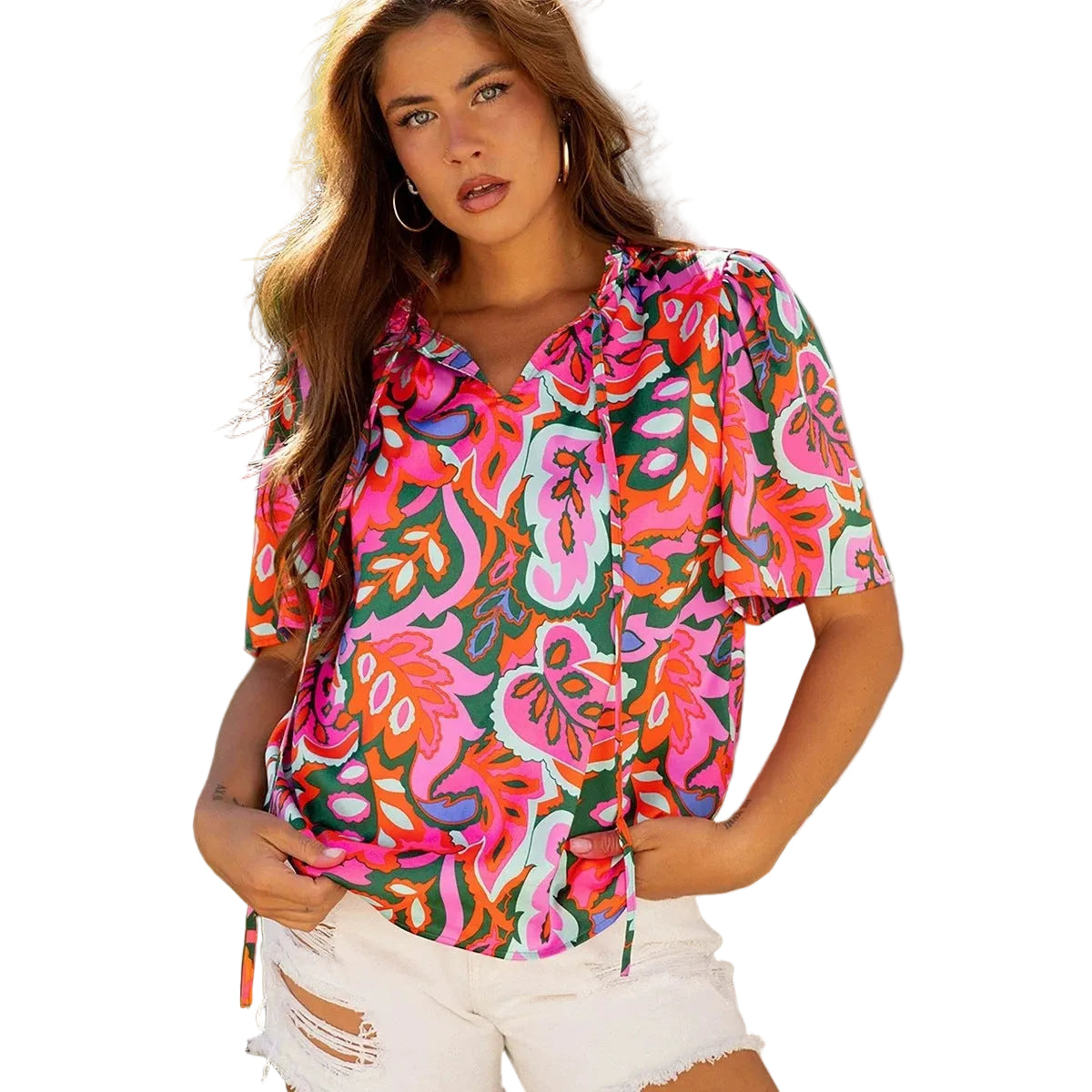 Women's floral printed chiffon blouse front view