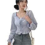Women’s retro slim fit blouse front view long sleeve