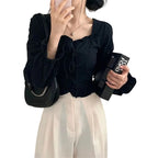 Women’s retro slim fit blouse front view long sleeve