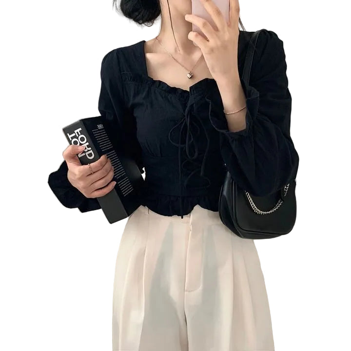 Women’s retro slim fit blouse front view long sleeve