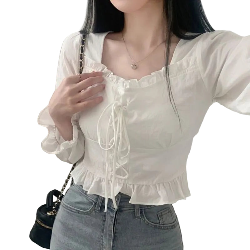 Women’s retro slim fit blouse front view long sleeve