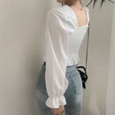 Women’s retro slim fit blouse front view long sleeve
